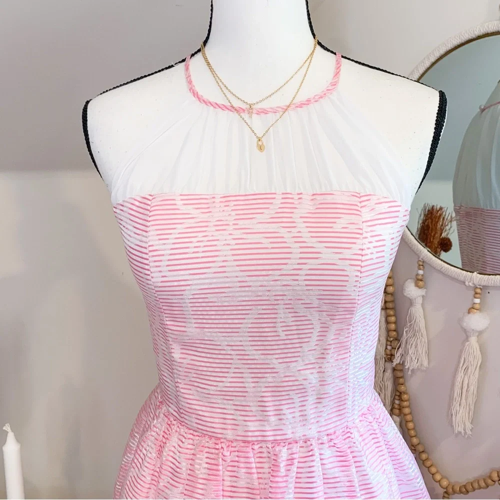 Lilly Pulitzer Kailey Halter Pink White Floral Striped Chiffon Dress - Picture 3 of 9